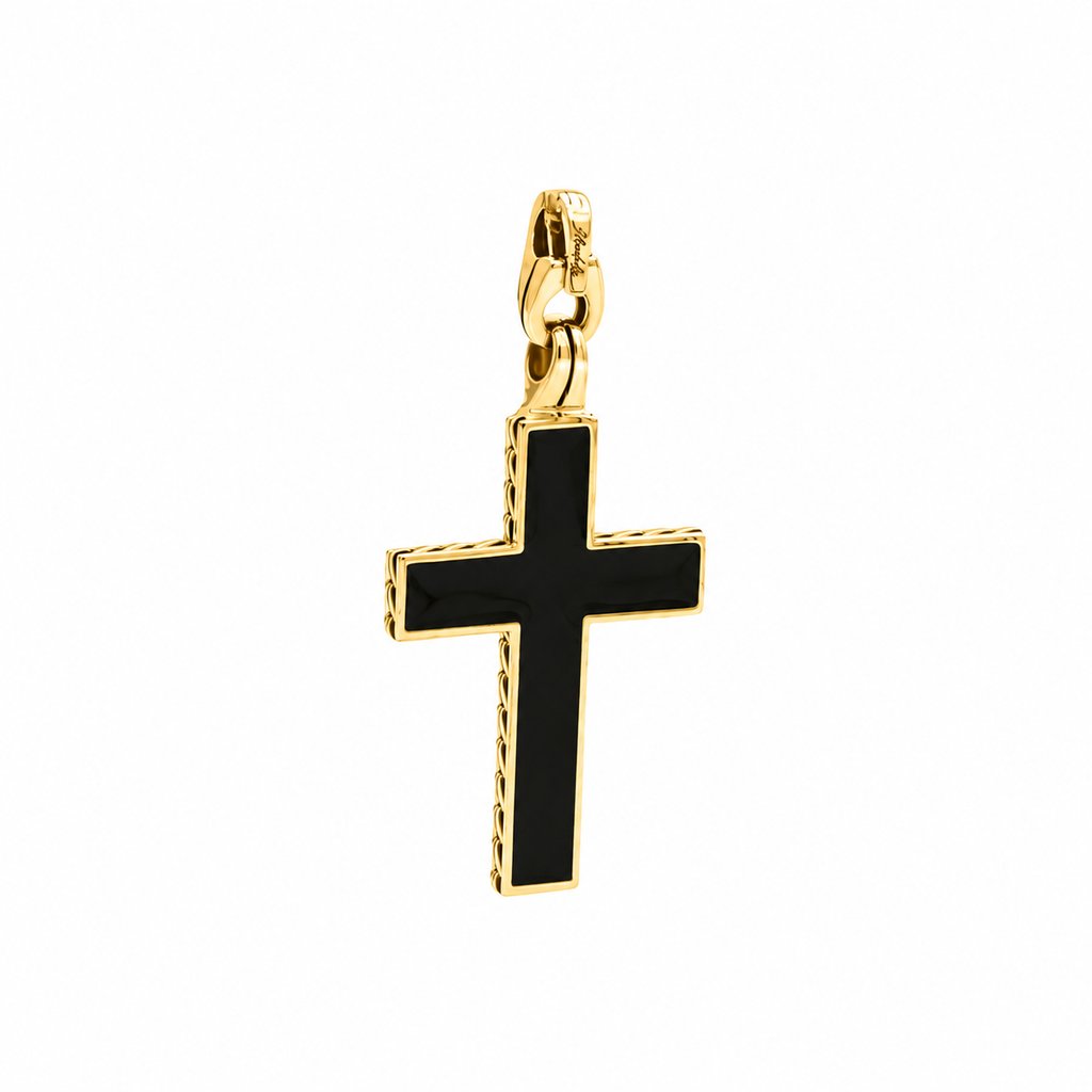 Men's FALCO 18K Yellow Gold Cross Pendant Only, Black Enamel on the back