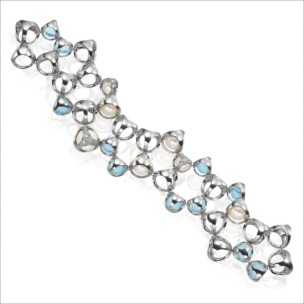 Icona double row bracelet in sterling silver plated with rhodium with blue quartz, pearls and diamonds