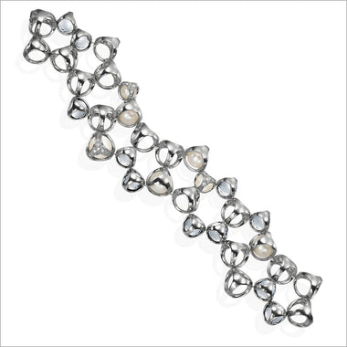 Icona Rock Crystal & Pearl Double Row Bracelet in sterling silver plated with rhodium