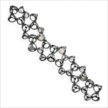 Icona double row bracelet in sterling silver plated with black rhodium with pearls, rock crystal quartz and diamonds