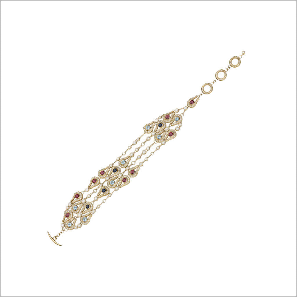 Fiamma 18K Yellow Gold Bracelet with Rhodolite Garnet, Blue Topaz and Sapphire