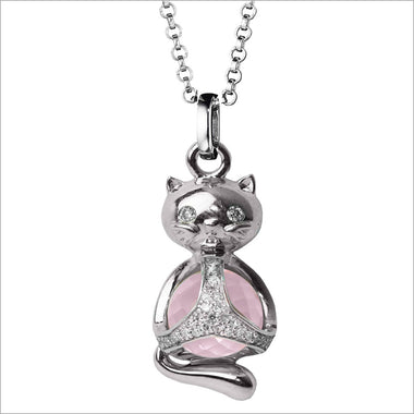 Icona Charm Cat Necklace in sterling silver plated with rhodium with rose quartz and diamonds