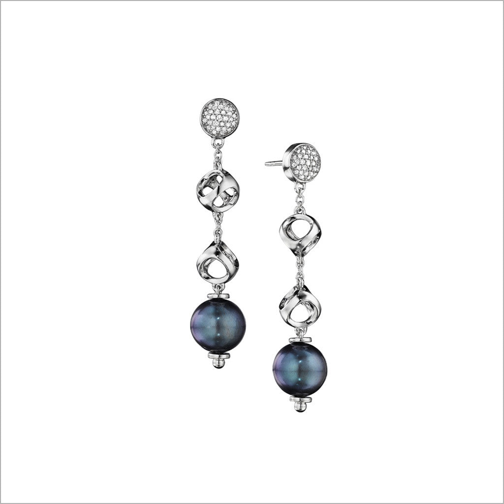 Icona Black Pearl & Diamond Dangle Earrings in Sterling Silver