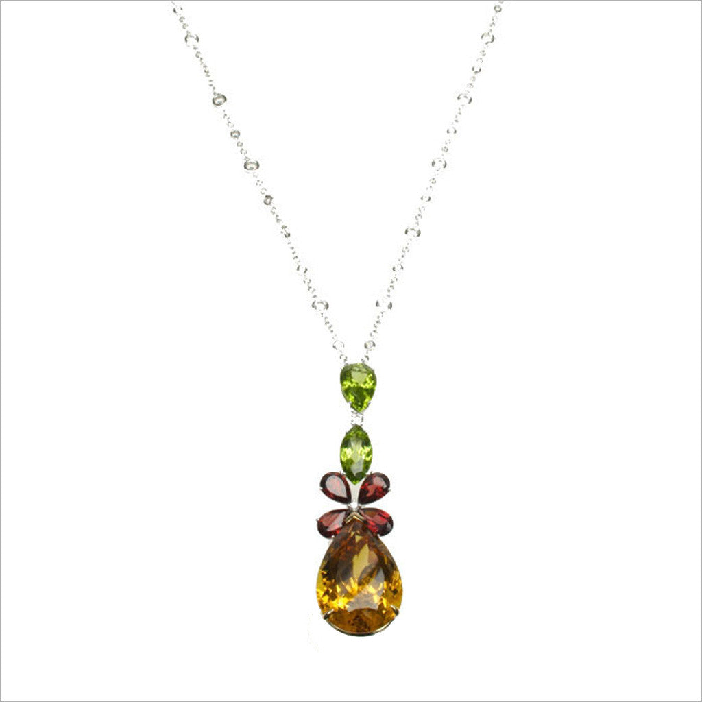 Couture 18K Yellow and White Gold Necklace with Yellow Beryl, Garnet and Peridot Stones & Diamonds