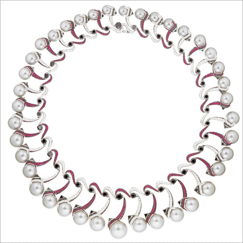 Couture 18K White Gold Necklace with Pearl, Ruby & Diamonds