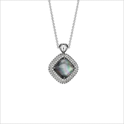 Motif Black Mother of Pearl Necklace in Sterling Silver with Diamonds