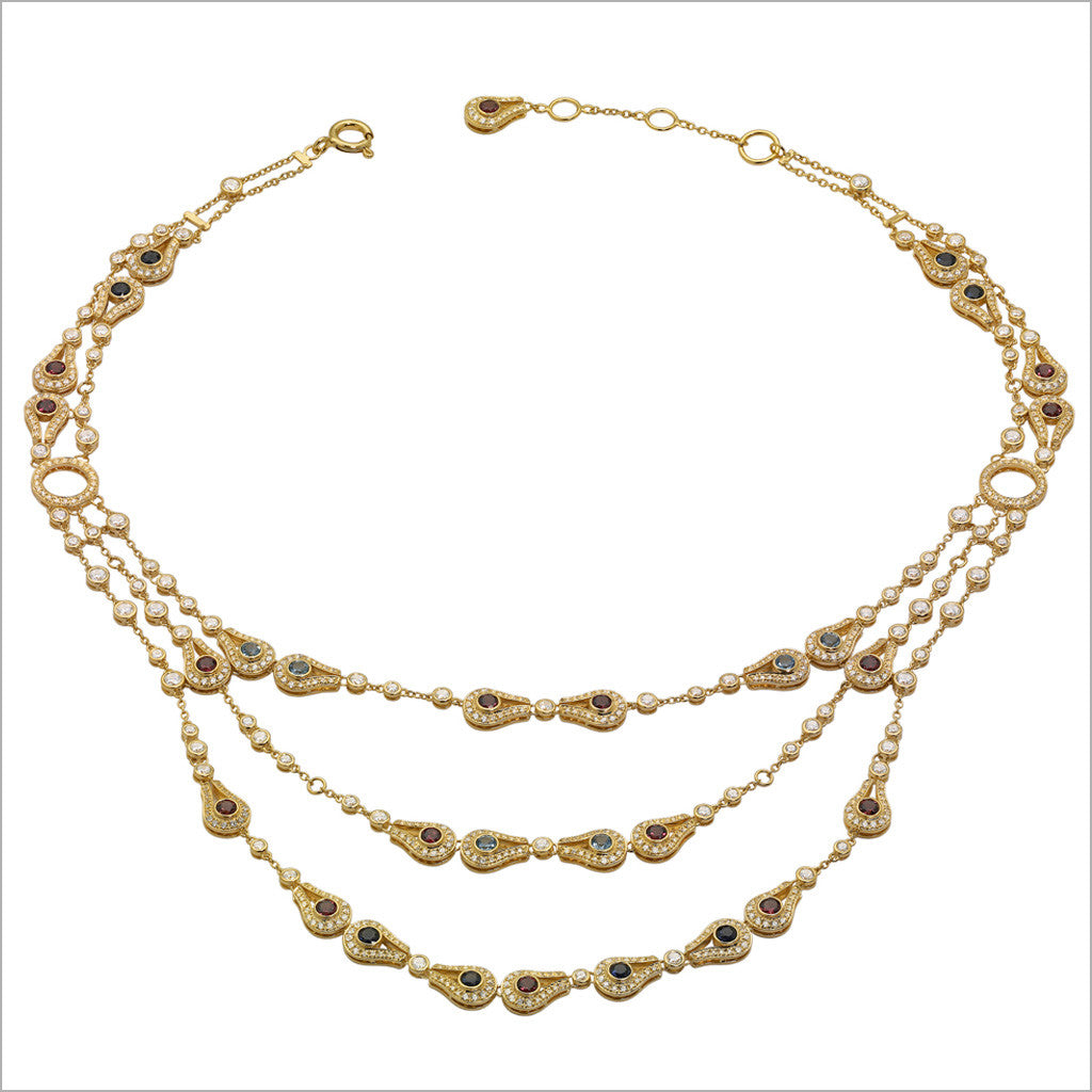 Fiamma 18K Yellow Gold Necklace with Rhodolite Garnet, Blue Topaz and Sapphire