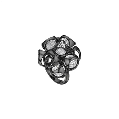 Icona Ring in sterling silver plated with black rhodium with rock crystal quartz and diamonds